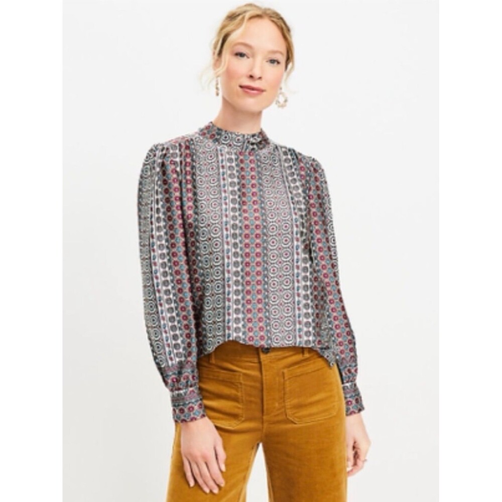 LOFT XL Boho Medallion Print Tie Neck Blouse Long Sleeve Blouse